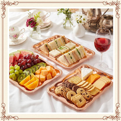 FoldTier 4 Pack Serving Trays Set for Party, Butterfly Floral Bronze Platter Engraved Mirror Tray, 15.8 x 11.6 Inches Elegant Metal Plate for Food Appetizer Cookies Desserts (Rose Gold)