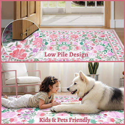 Ciicool 2x4 Small Rug for Entryway Runner Kitchen Washable Area Rugs Low Pile Soft Boho Non Slip Carpet for Entrance Hallway Laundry Bedroom Pink Floral Carpets