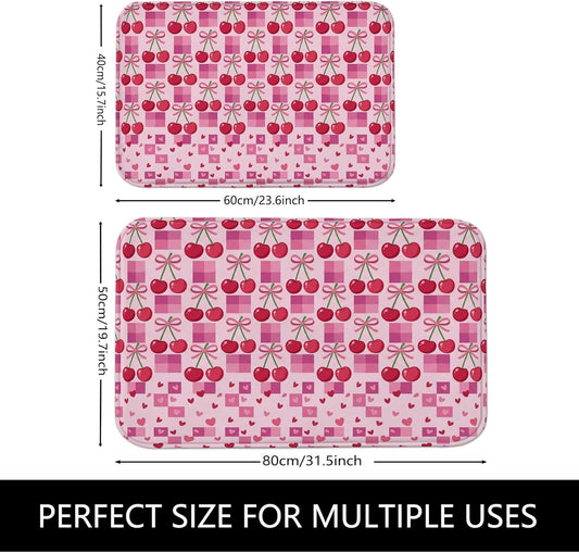 Peach Cherries Pattern Quick Dry Bath Mat, Cute Geometric Hearts Absorbent Non Slip Shower Mat, Spring Decorative Flannel Washable Bath Rugs for Bathroom Toilet Restroom 20x32 Inch