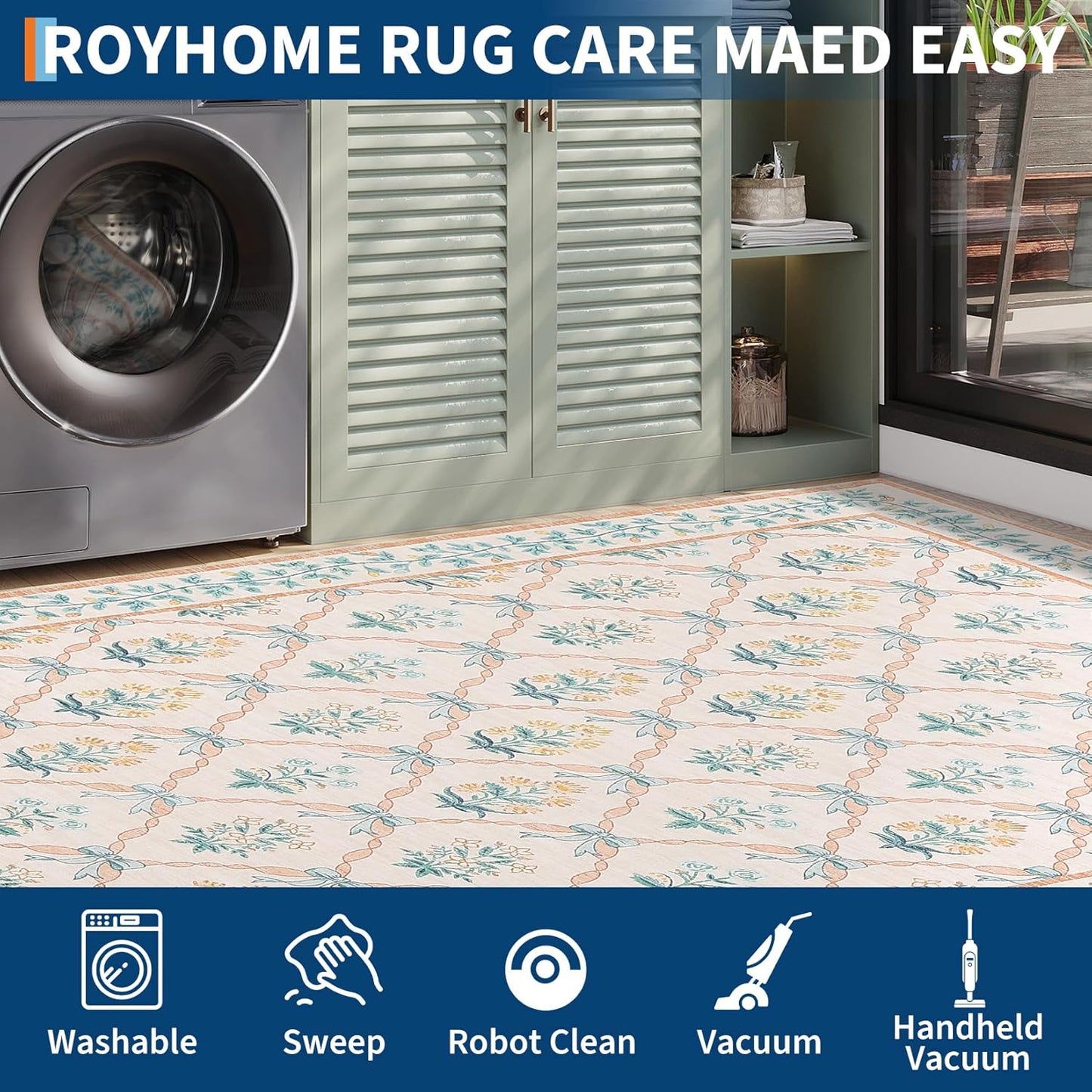 ROYHOME Area Rugs 9x12 Living Room, Pink Washable Rug for Bedroom Girl with Coquette Bow Floral Pattern Non Slip Low-Pile Stain Resistant Large Throw Carpet for Dining Room Dorm Nursery, Pink