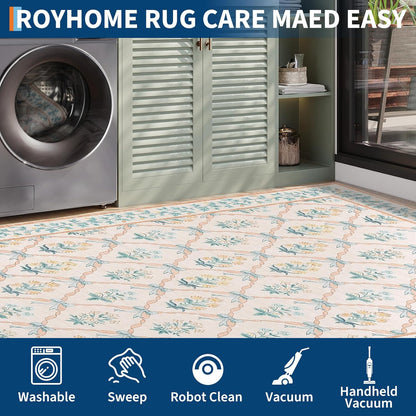 ROYHOME Area Rugs 9x12 Living Room, Pink Washable Rug for Bedroom Girl with Coquette Bow Floral Pattern Non Slip Low-Pile Stain Resistant Large Throw Carpet for Dining Room Dorm Nursery, Pink
