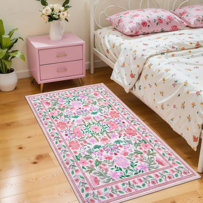 Ciicool 2x4 Small Rug for Entryway Runner Kitchen Washable Area Rugs Low Pile Soft Boho Non Slip Carpet for Entrance Hallway Laundry Bedroom Pink Floral Carpets