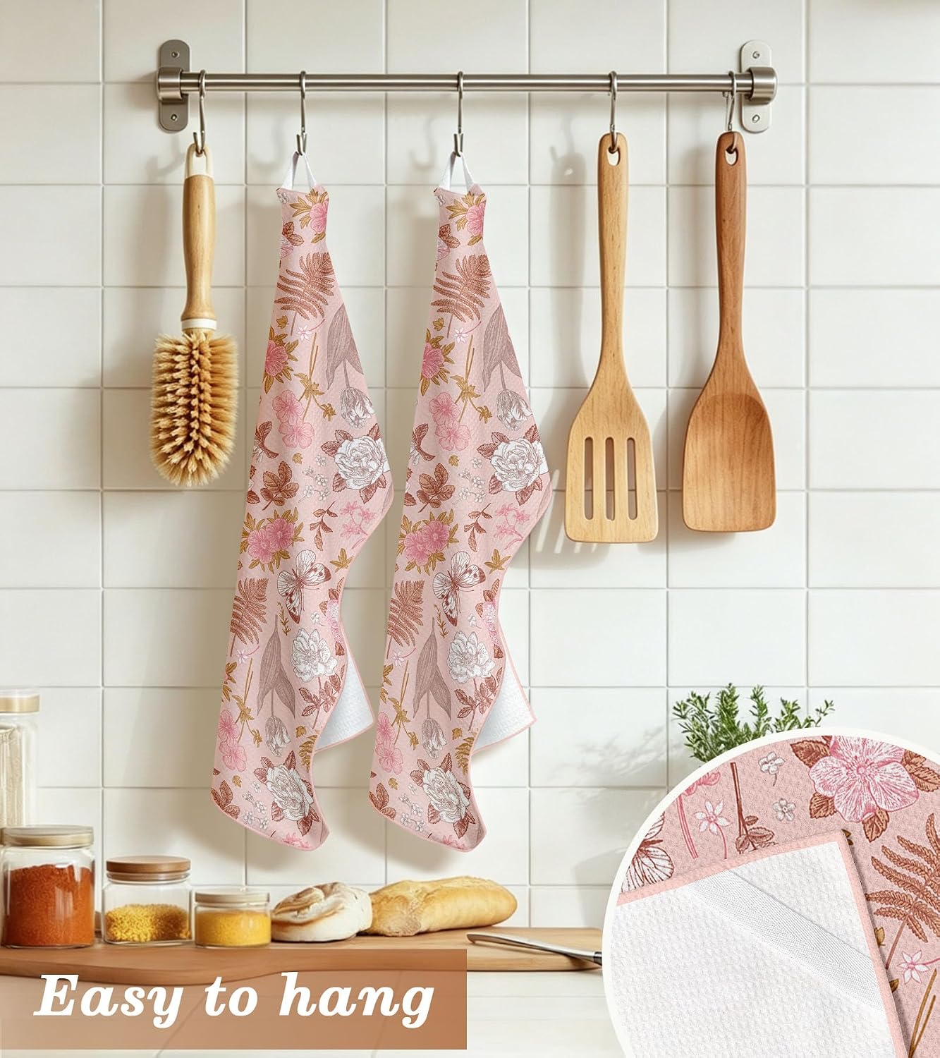 Waffle Kitchen Towels - 2pcs Waffle Weave Dish Cloths Set with Hanging Loop Microfiber Drying Hand Tea Towels Decorative Absorbent Cute Design 16x26 Inch for Housewarming Gift, Pink Flower