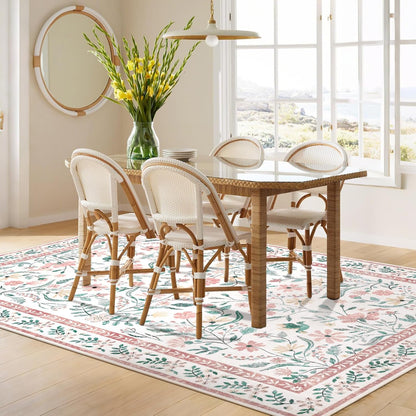 SHACOS 4x6 Boho Area Rugs for Living Room, Machine Washable Floral Carpet for Bedroom Non Slip Soft Nursery Rugs for Kids Room Dining Room Entryway Indoor, Pink