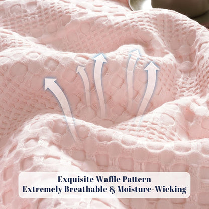 PHF Cooling Waffle Blanket Queen Size, Lightweight 60% Rayon from Bamboo & 40% Cotton Breathable Blanket for Hot Sleepers, Summer Use, Soft Luxury for Bed Couch Sofa, 90"x90", Pink