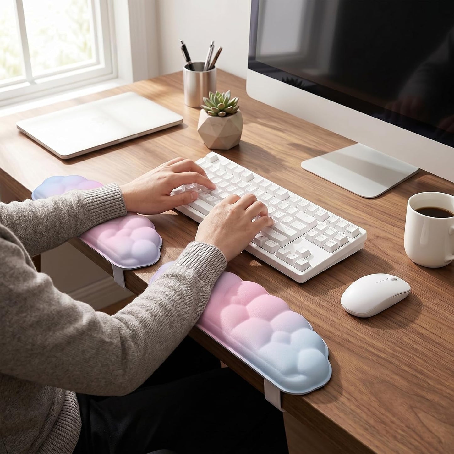 L-Shaped Desk Elbow Pad for Desk Cloud Wrist Rest for Computer Keyboard and Mouse Elbow Wrist Support Padding Non-Slip 2 Pack Ergonomic Desk Edge Cushion Arm Rest for Desktop Gaming Office Pink Purple