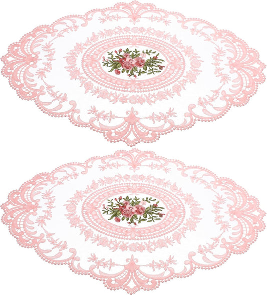 2Pcs Retro Lace Placemats Pink French Crochet Doilies Heat Resistant Non-Slip Place mats for Dining Table Home Decor