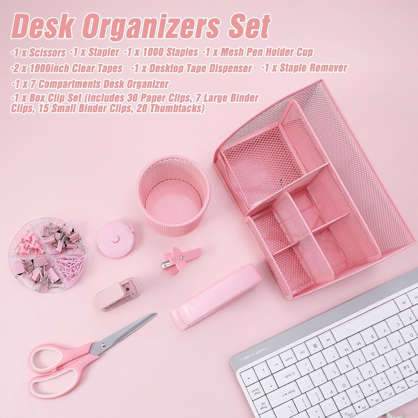 Pink Office Supplies, 12PCS Pink Desk Accessories Set Include Mesh Desk Organizer, Tape Dispenser, Stapler, 1000 Staples, Staple Remover, Pen Holder, Clips Set, Scissors, Sticky Notes for Women