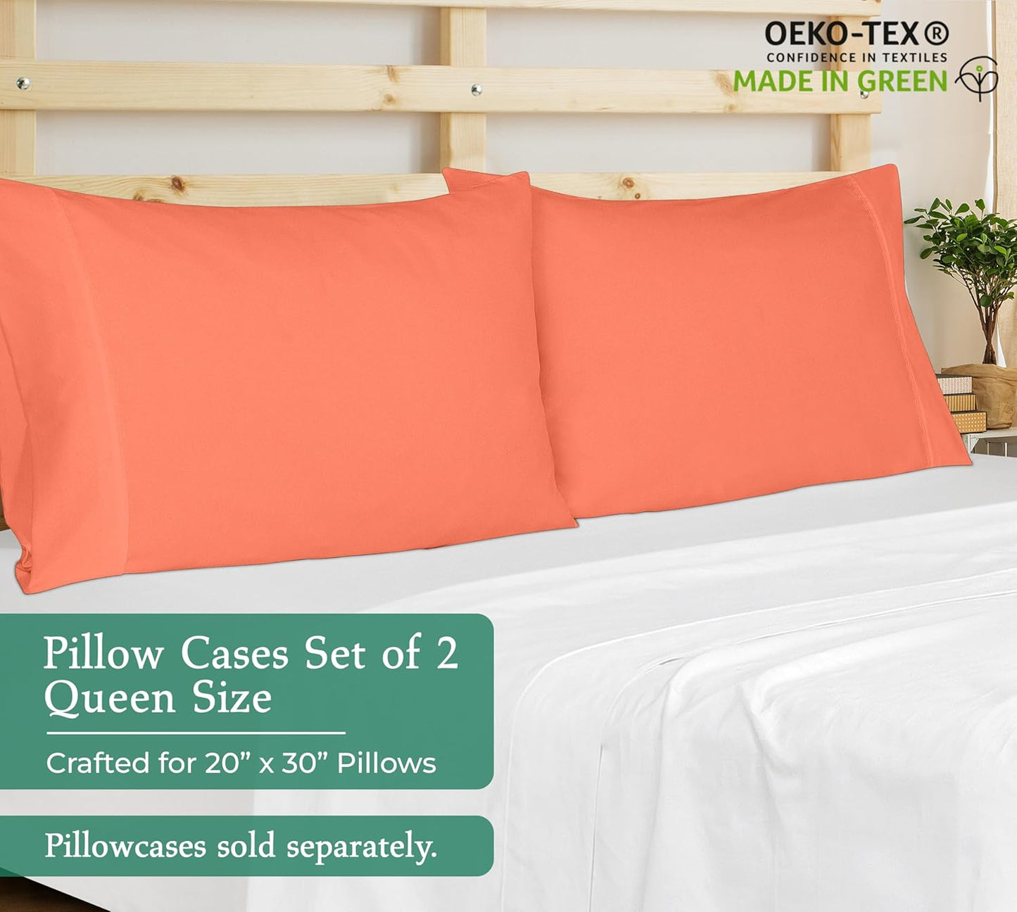 Royale Linens Queen Pillowcase Set of 2 - Bed Pillow Cover - 20" x 30" - Coral Pillowcases - 1800 Brushed Microfiber, Wrinkle & Fade Resistant - Soft & Cozy- Queen Size Pillow Case (Coral)