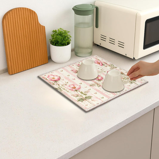 Peach Floral Dish Drying Mats for Kitchen Counter, Vintage Botanical Absorbent Dish Drainer Rack Mat, Spring Romantic Microfiber Drying Pad for Kitchen Counter Home Decor 16x18 Inch