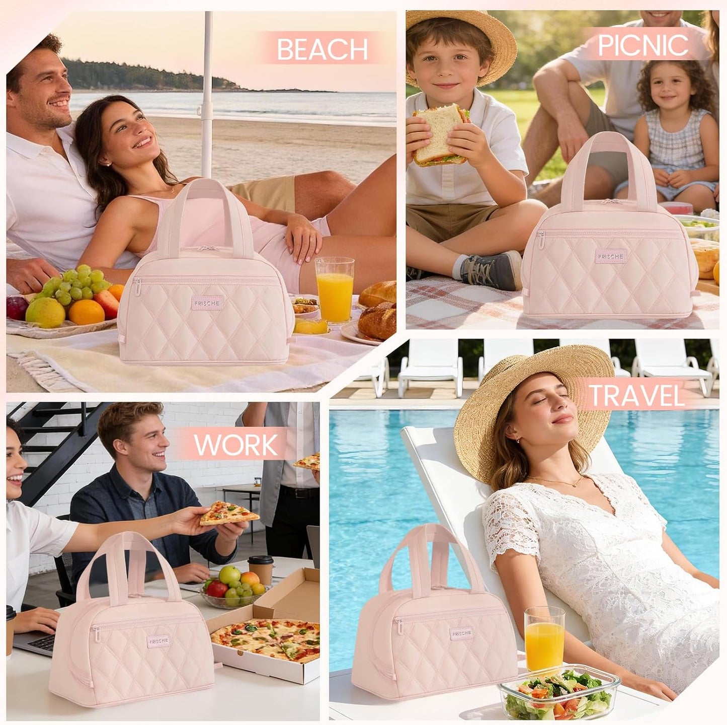 Insulated Lunch Box for Women Cute,Small Leakproof Reusable Cooler Bag with Strap, Lunch Box for Work Beach Camping,Pink