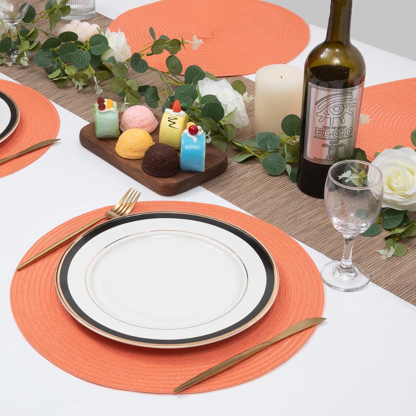 SHACOS Round Braided Placemats Set of 6 Washable Cotton Polyester Round Placemats for Kitchen Table 15 inch Round Table Mats (Coral, 6)
