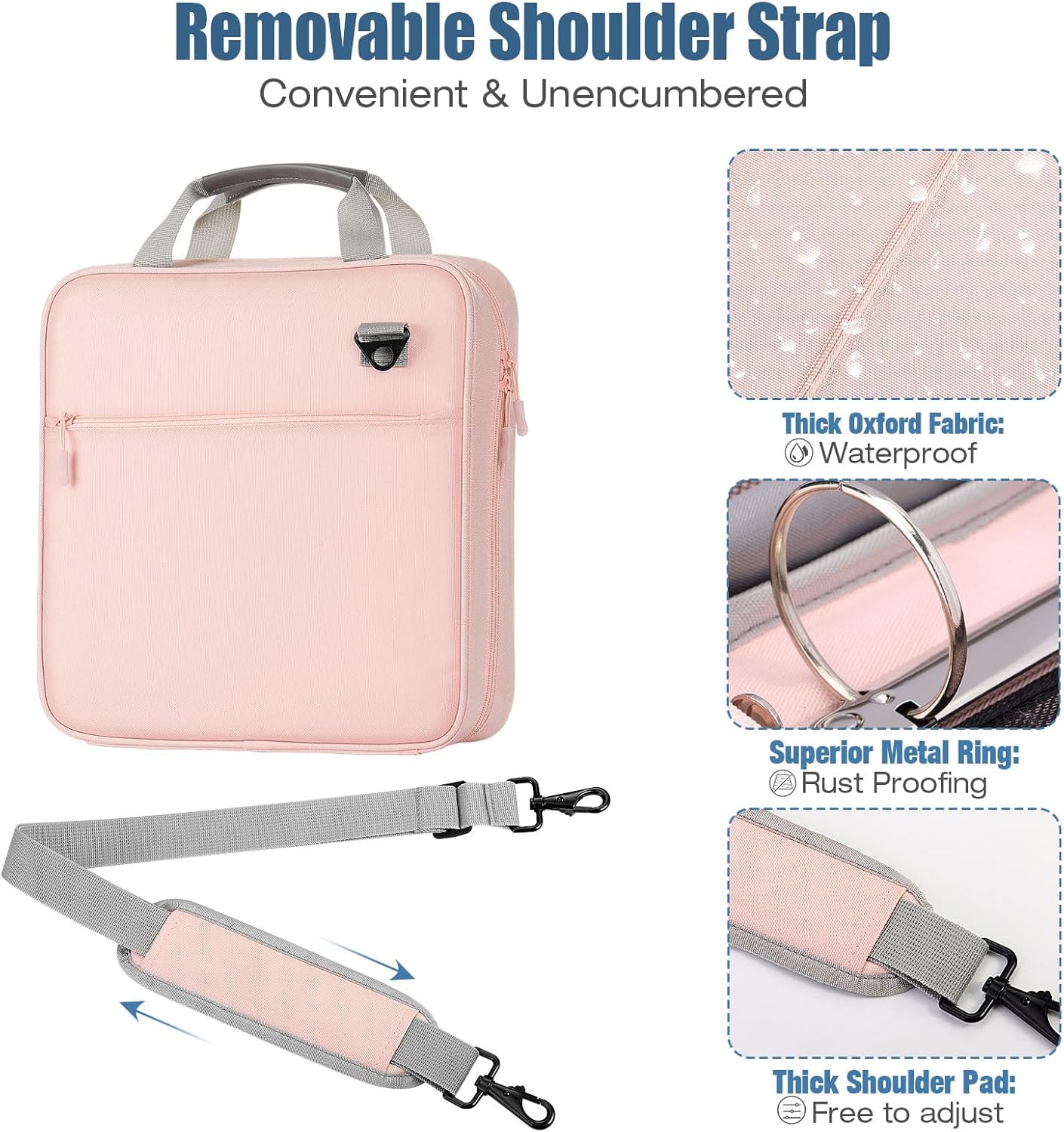 MoKo Zipper Binder, 2 Inch 3 Ring Binder with Zipper,500 Sheets Capacity Zipper Binders with Shoulder Strap & Handle,Multi-Pocket Zipper Bag Organizer for Middle School, Pink & Gray