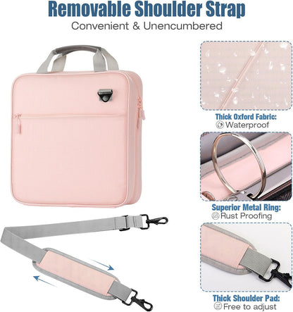 MoKo Zipper Binder, 2 Inch 3 Ring Binder with Zipper,500 Sheets Capacity Zipper Binders with Shoulder Strap & Handle,Multi-Pocket Zipper Bag Organizer for Middle School, Pink & Gray