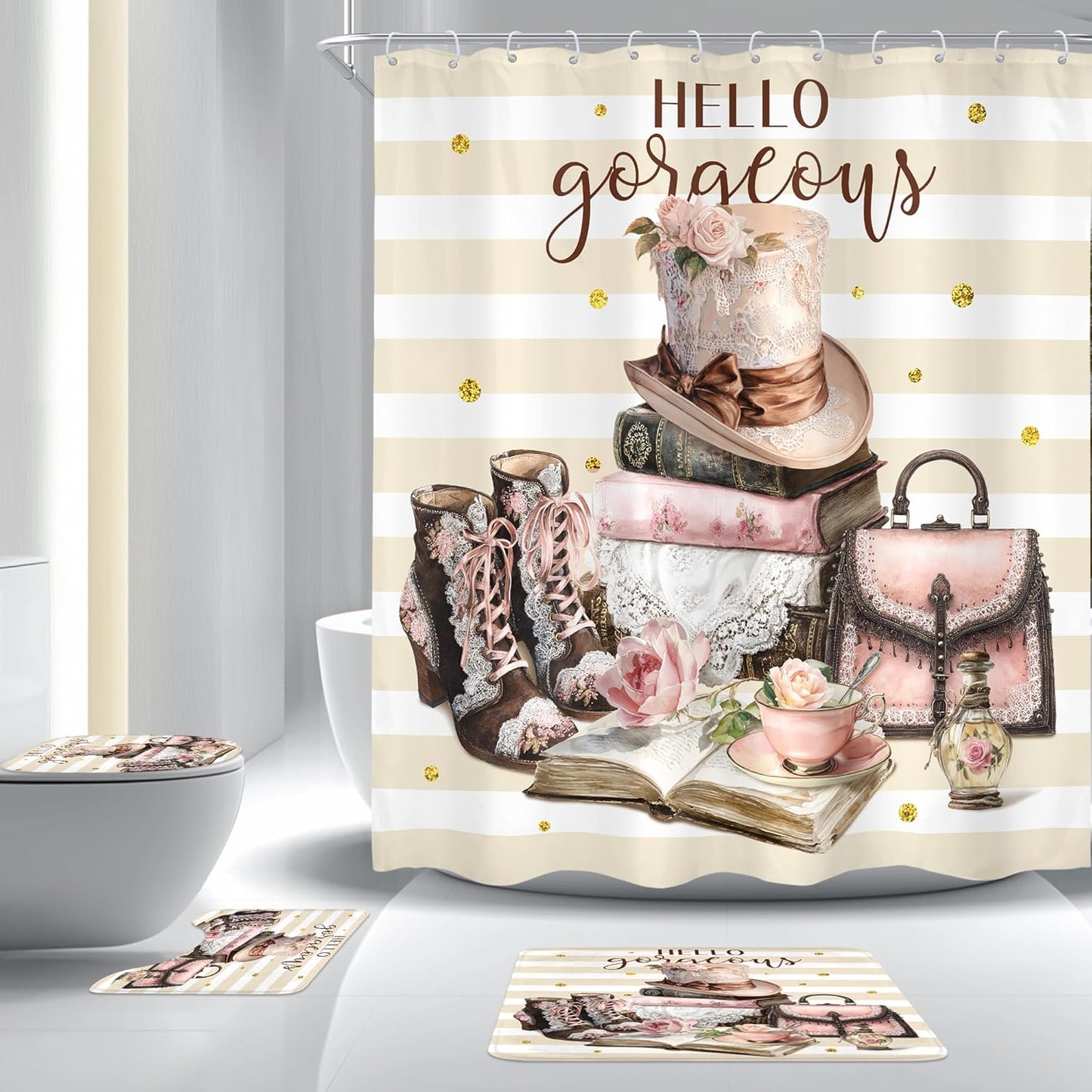 4Pcs Pink Brown Shower Curtain Set, Vintage Fashion Lace Flower Beige White Striped Books Boots Cups Bathroom Curtain with Rug, Toilet Lid Cover, Bath Mat, Women Shower Curtain with 12 Hooks