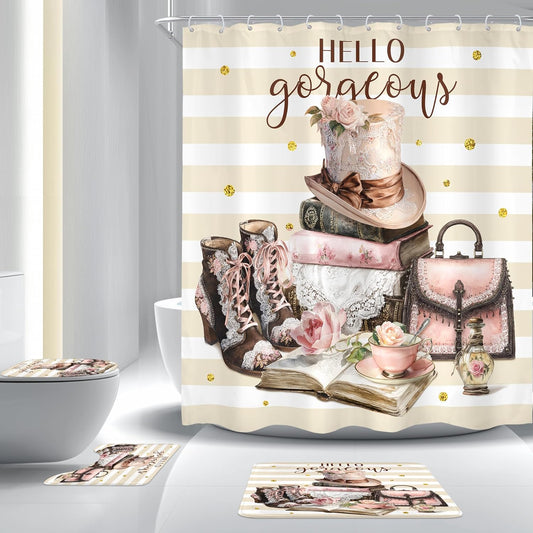 4Pcs Pink Brown Shower Curtain Set, Vintage Fashion Lace Flower Beige White Striped Books Boots Cups Bathroom Curtain with Rug, Toilet Lid Cover, Bath Mat, Women Shower Curtain with 12 Hooks