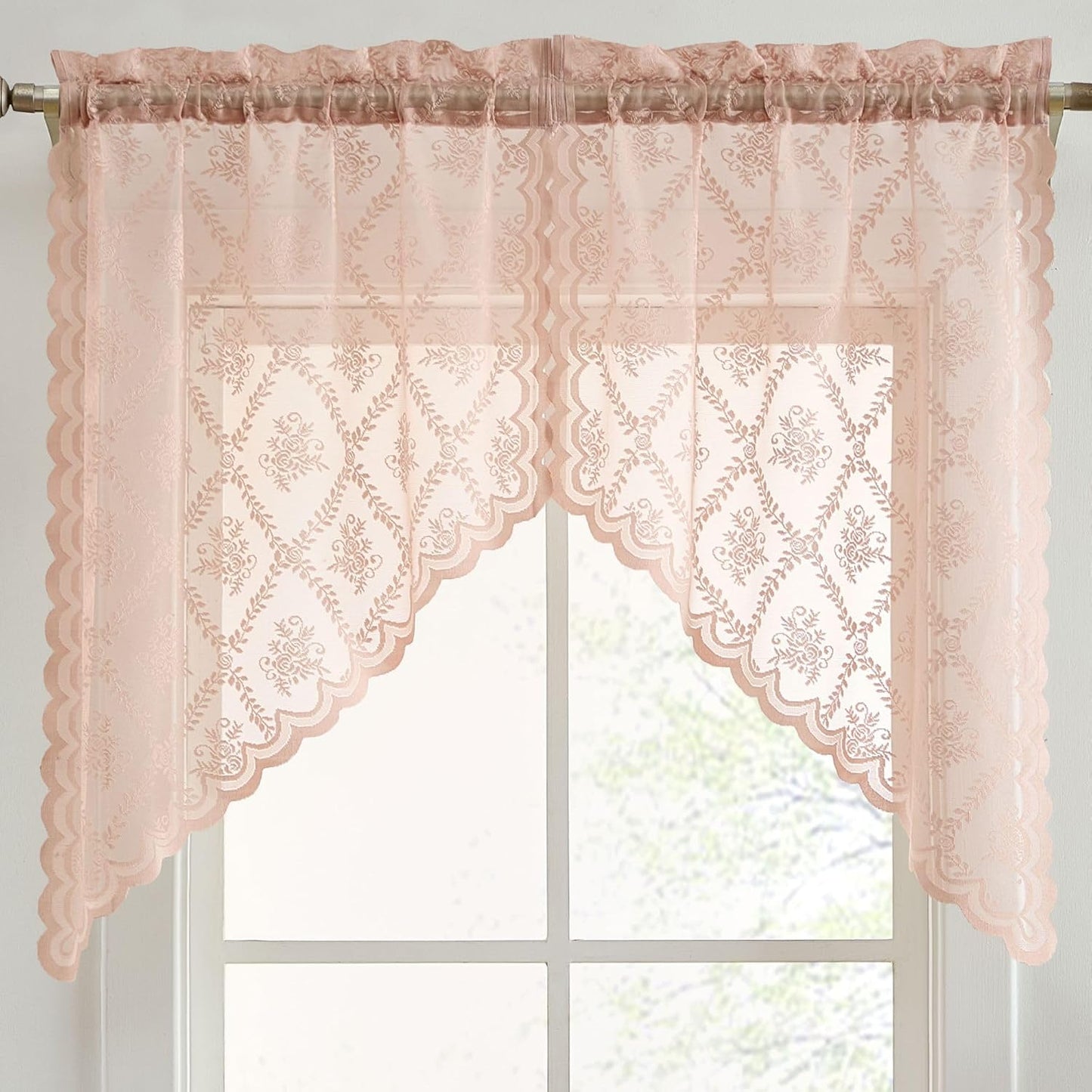 HLC.ME Isabella Floral Rod Pocket Lace Short Cafe Swags for Small Windows - 28 x 36 Inch Length (Blush Pink Swags, Set of 2)
