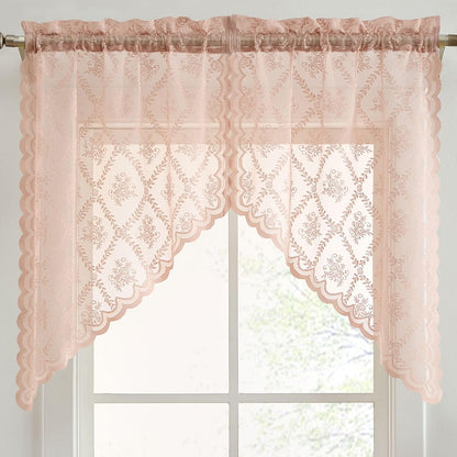 HLC.ME Isabella Floral Rod Pocket Lace Short Cafe Swags for Small Windows - 28 x 36 Inch Length (Blush Pink Swags, Set of 2)