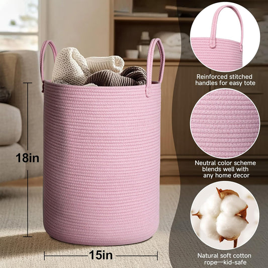 MEGASKET Large Pink Laundry Basket, 15"x18" Tall Blanket Storage for Living Room, Woven Cotton Rope Laundry Hamper for Girls Baby, Pink Room Decor Aesthetic, Decorative Clothes Hamper for Towels Toys