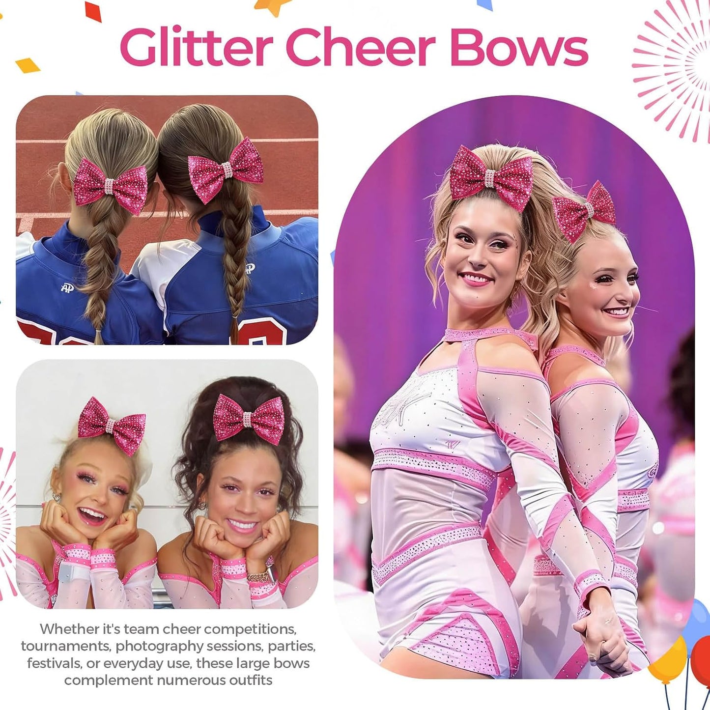 VOBOBE 16PCS Glitter Cheer Hair Bows for Cheerleading, Pink Sparkle Rhinestone Cheer Bow with Ponytail Holder Elastic Hair Ties for Teen Girls Cheerleader (Pink)