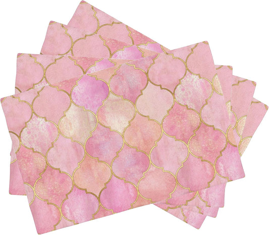 Vintage Pink Geometric Placemats Set of 4, 12x18 Inch Non-Slip Washable Heat Resistant Linen Fabric Table Mats,Place Mats for Holiday Party