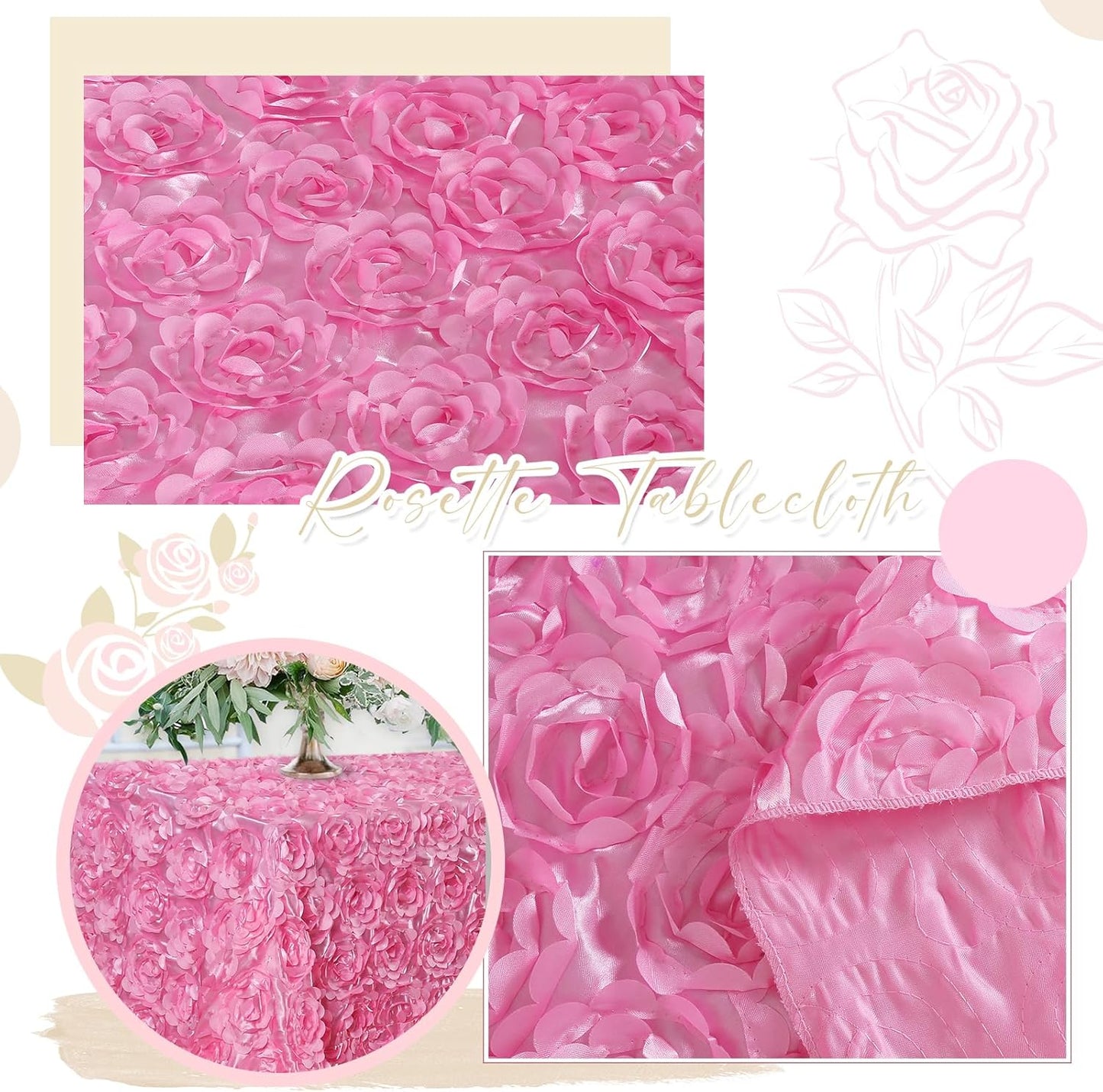 Fanqisi Pink Rosette Tablecloths 90 x 132 Inches Baby Shower Decorations for Girls Birthday Party Dinner Cake Table Top Decor