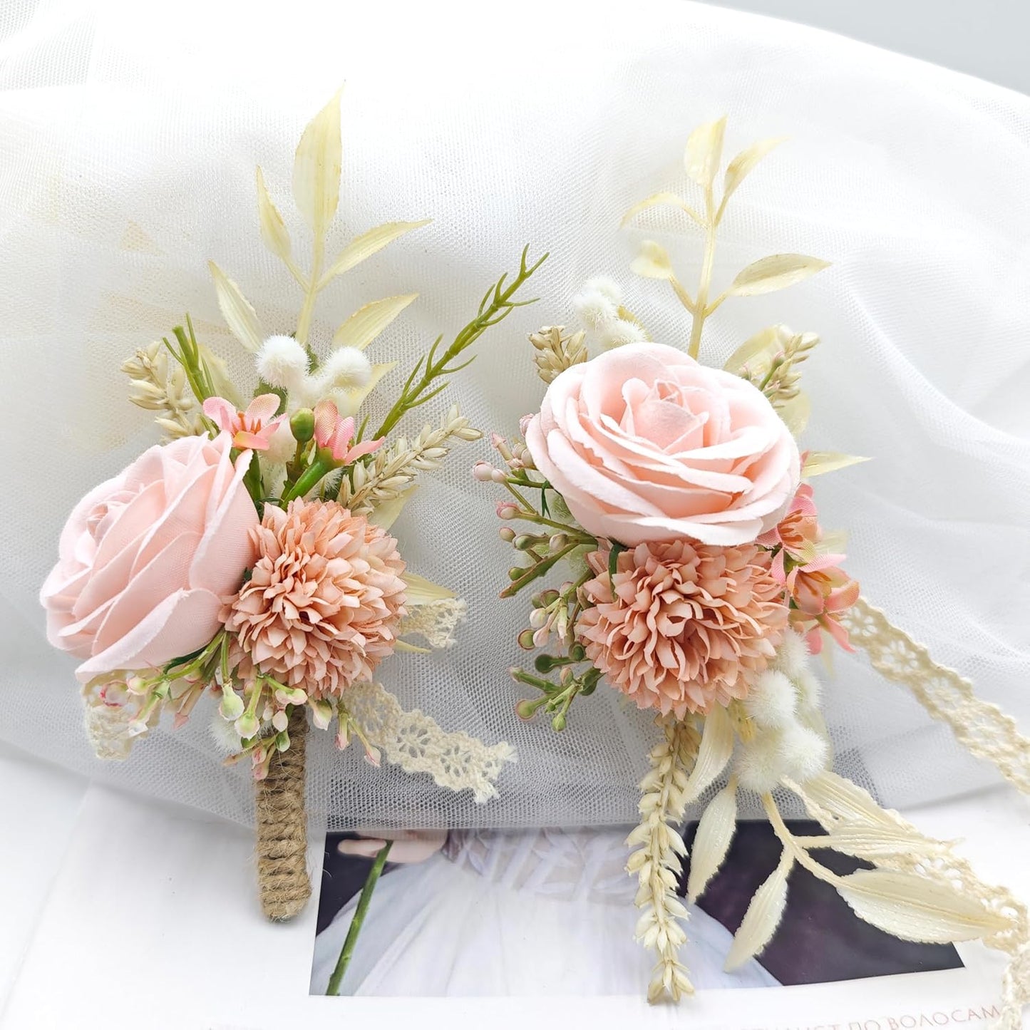 Pink Artificial Wrist Corsage and Boutonniere Set, Set of 2, Wristband Bride Hand Flower Men Boutonniere for Groom Wedding Party Prom Homecoming