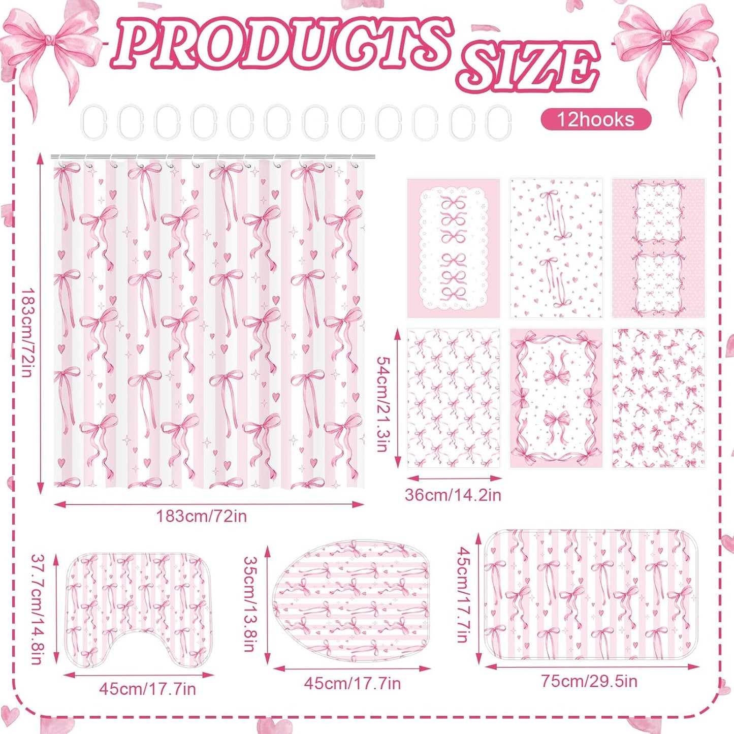 Britimes 10 Pcs Pink Bows Bathroom Sets with Shower Curtain and Rugs and Towels, Coquette Aesthetic Bathroom Decor Pink Shower Curtain Set with Bath Mat Toilet Rug 12 Hooks 6 Microfiber Towels
