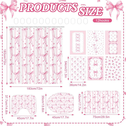 Britimes 10 Pcs Pink Bows Bathroom Sets with Shower Curtain and Rugs and Towels, Coquette Aesthetic Bathroom Decor Pink Shower Curtain Set with Bath Mat Toilet Rug 12 Hooks 6 Microfiber Towels