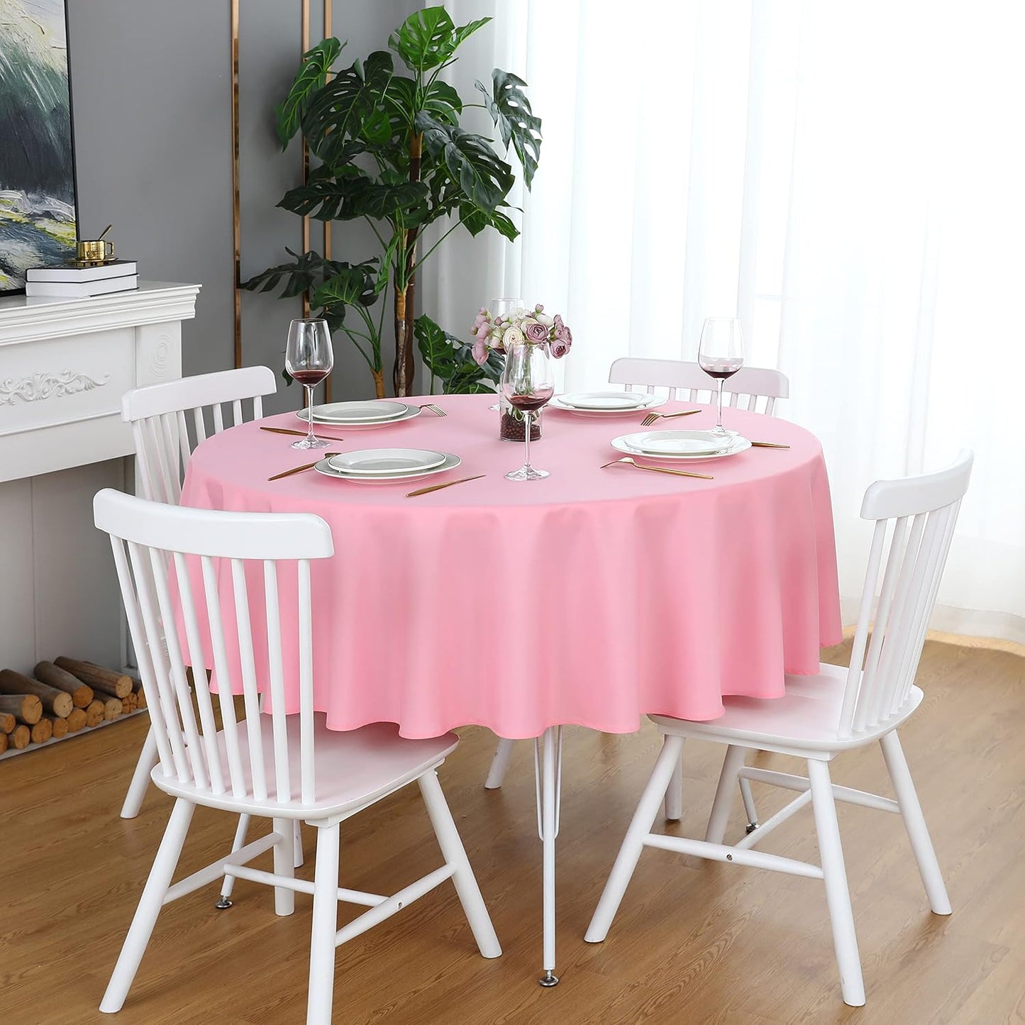 FOLINS&HOME Pink Round Tablecloth 48 Inch Waterproof Heavy Duty Wrinkle Free Polyester Fabric Table Cloth, Spillproof Washable Table Cover for Parties, Camping, Picnic, Banquet, Indoor and Outdoor Use