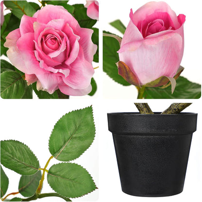 Artificial Rose Flowers Potted Plant - 17.7" Small Fake Pink Roses Tree with Black Pot Indoor Outdoor Faux Plants & Flowers Silk Rose Flower Floral Arrangement for Home Table Kitchen Office Decor