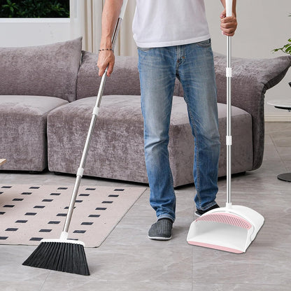 Broom with Dustpan Combo Set for Home, 52-in Long Handle Adjustable Broom and Dustpan Set with Dustpan Teeth for Sweeping Pet Hair Food Dirt Kitchen (Pink)