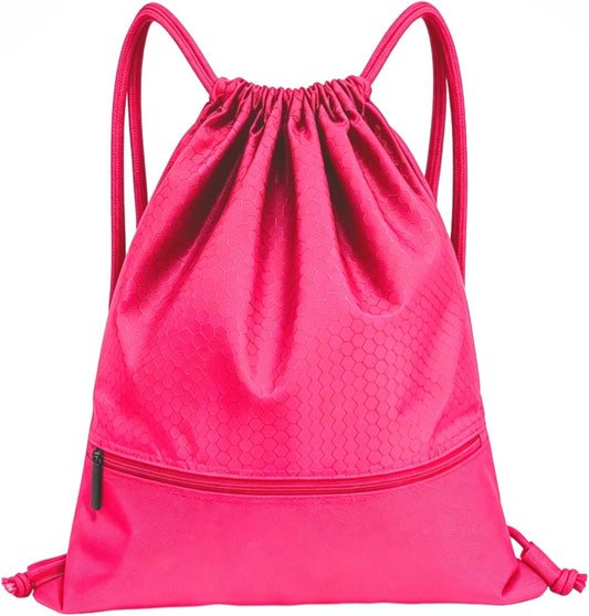 Sports Drawstring Backpack for Men, Waterproof Swim Gym Bag with Shoes Compartment for Women, Lightweight Pull String Sport Bag for Swim, Soccer, Pink&Large