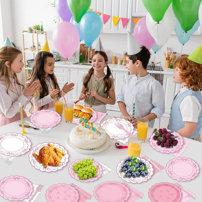 96pcs Pink Bow Party Supplies Bow Scalloped Paper Plates and Napkins Pink Bowknot Party Decors for Girl Bachelorette Bridal Engagement Baby Shower Coquette Cute Tableware Dinnerware Serves 24 Guests