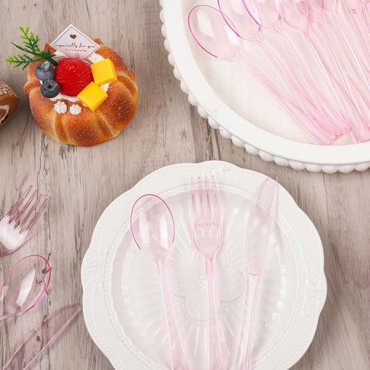 Kochorie 300 Piece Disposable Clear Pink Utensil Set Plastic Silverware Heavy Duty Cutlery Set Serves 100 Guests Forks Knives Spoons for Home Wedding Birthday Party Picnics Bride Shower Outdoor Events