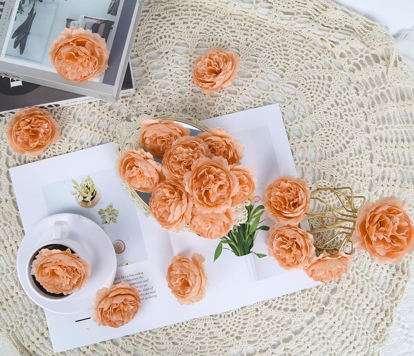 50 Pcs Peach Rose Artificial Heads Flowers with Stems 3.3'' Fake Silk Rose Heads Faux Flowers for Wedding Bridal Bouquet Floral DIY Centerpieces Arrangements Home Party Tables Decor (Peach)