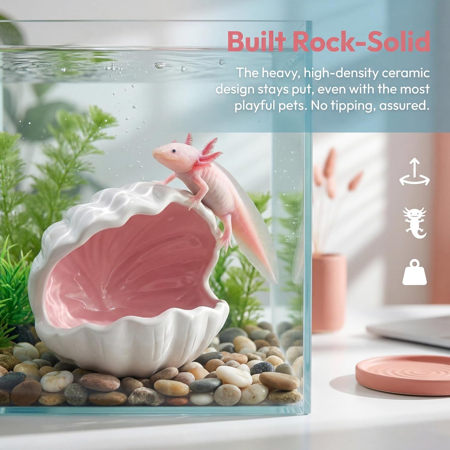 Axolotl Tank Accessories - Extra Large Ceramic Fish Tank Cave with 2PCS Artificial Plants, Double Sided Glaze Shell Shape Hideout, Aquarium Hides Cave Decor Shelter for Betta, Pet Frog, Fish(Pink)