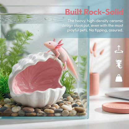 Axolotl Tank Accessories - Extra Large Ceramic Fish Tank Cave with 2PCS Artificial Plants, Double Sided Glaze Shell Shape Hideout, Aquarium Hides Cave Decor Shelter for Betta, Pet Frog, Fish(Pink)