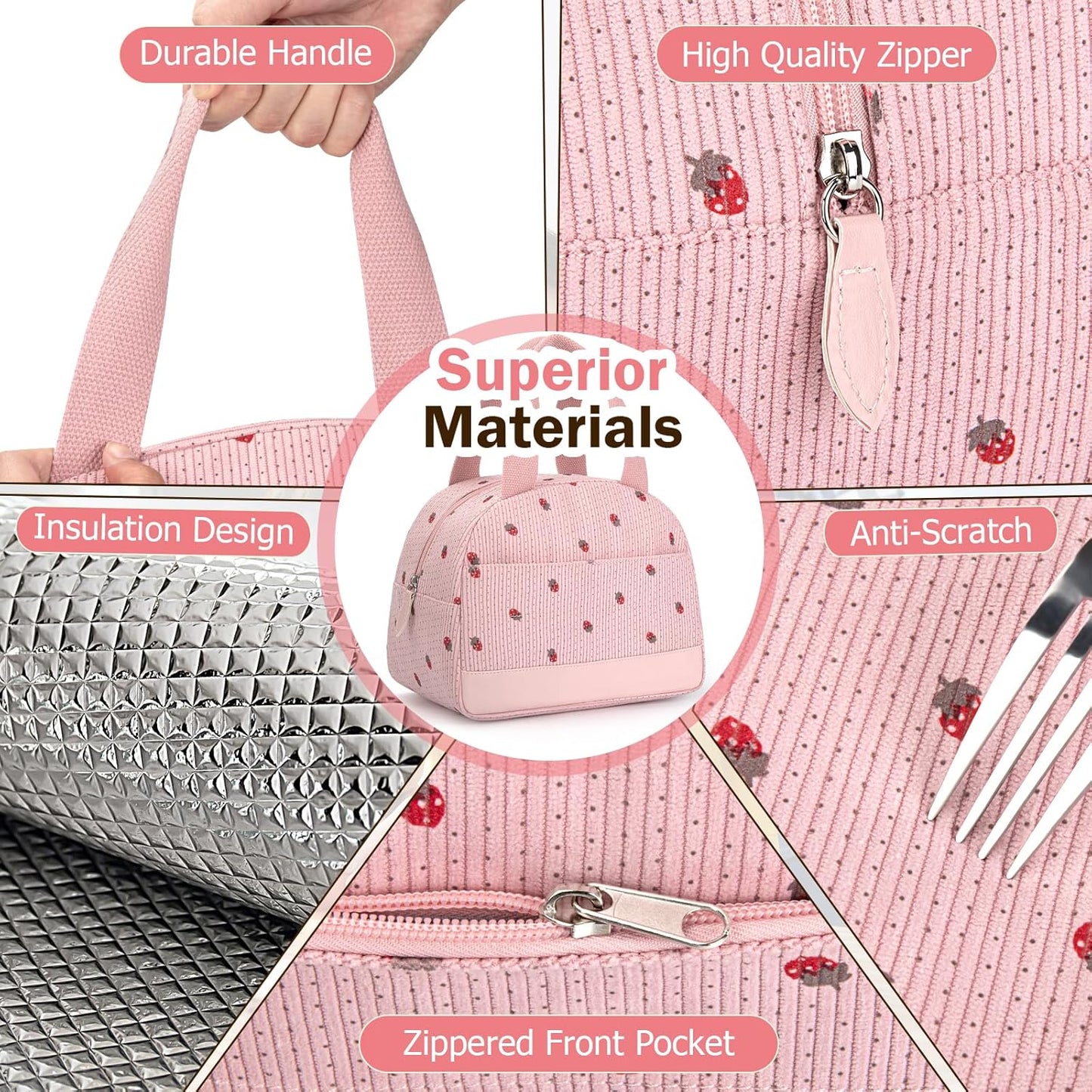 Lunch Box Lunch Bag for Women Men, Leakproof, Insulated Lunch Box Kids Tote with Large Capacity, Cooler Lunch Bag for Girls Boys for Work/Office/School (M-Pink Strawberry)