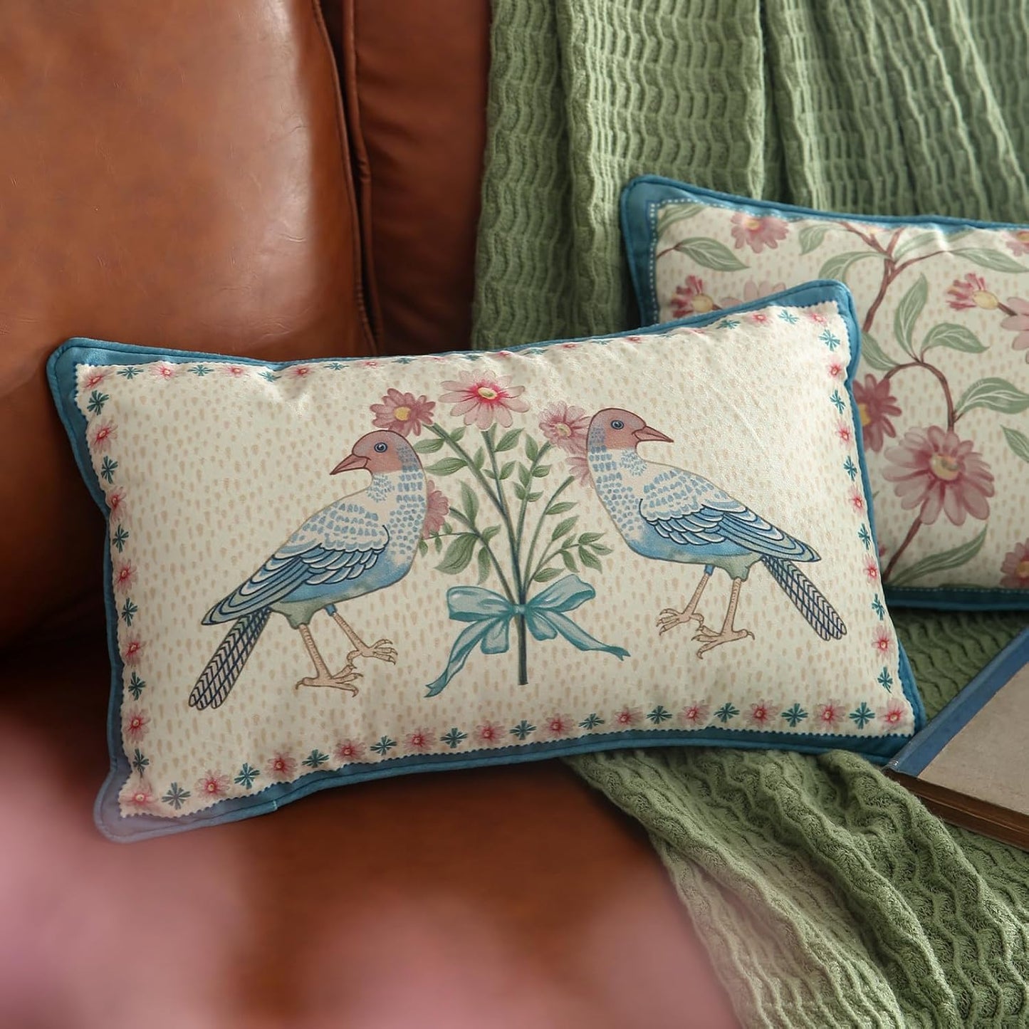 patdrea Designer French Country Velvet Throw Pillow Cover,Elegant Blue Pink Small Floral Collection Pattern,Decorative Lumbar Pillowcases Cushion for Bed Living Room Outdoor Car,Pack of 4