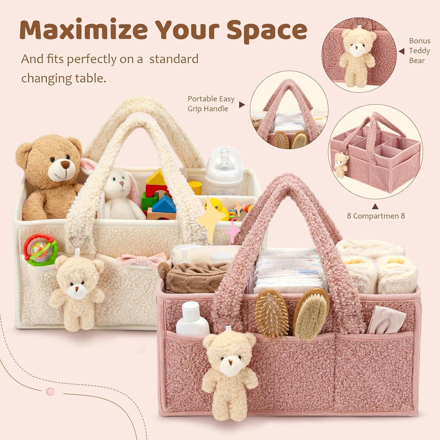 Shinylin 2 Pack Diaper Caddy Organizer Baby Caddy Organizer with Handle Nursery Storage Bin and Car Storage Basket for Diapers, Wipes, Newborn Necessities Baby Shower Gifts(Powder Pink and Ivory)