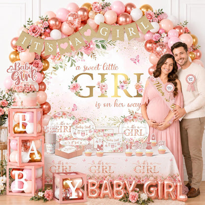 Baby Shower Girl Decorations,258pcs Pink Gold Baby Shower Decorations Girl Plates And Napkins Cups Banner Backdrop Tablecloth Cake Topper Balloon For A Sweet Little Girls Is On The Way Supplies