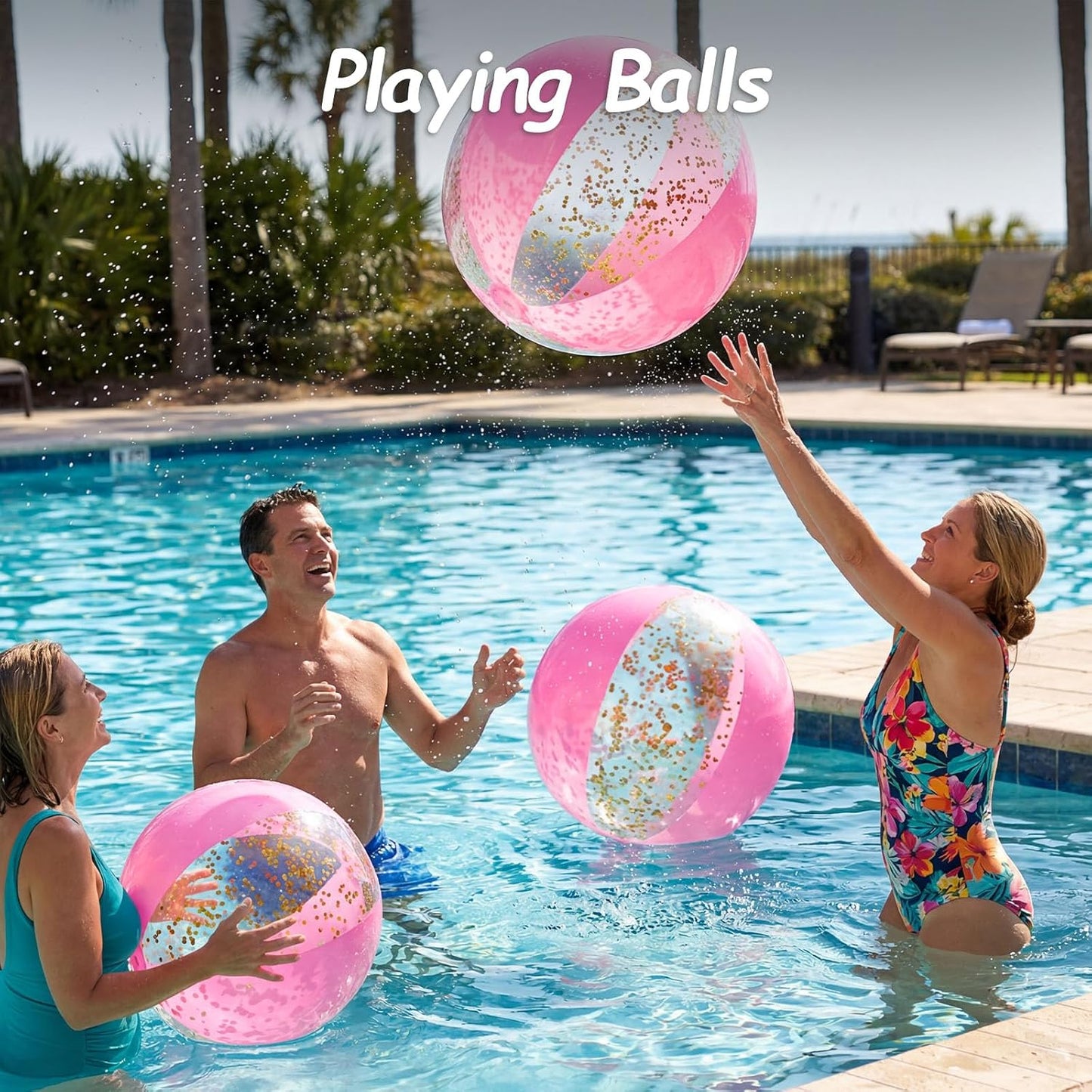 POPLAY 16 Inch Inflatable Beach Balls, 3 Pack Glitter Beach Balls Pool Toys with Confetti Sparkling Balls for Kids Toddlers Adults Summer Pool Party Favors