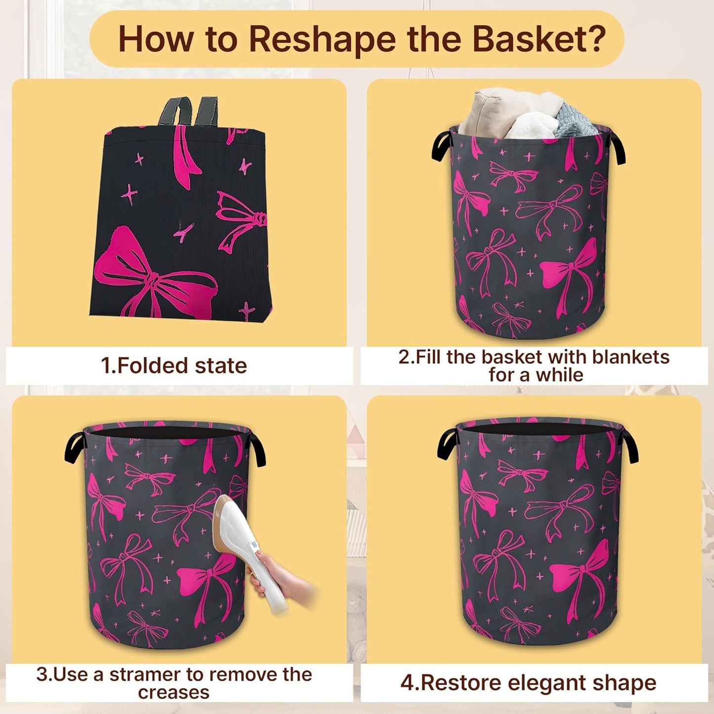 Laundry Hamper Foldable with Handles,Cute Pink Bowknot Oxford Cloth Basket,Large Capacity Storage Organizer for Bedroom Bathroom Dorm Room