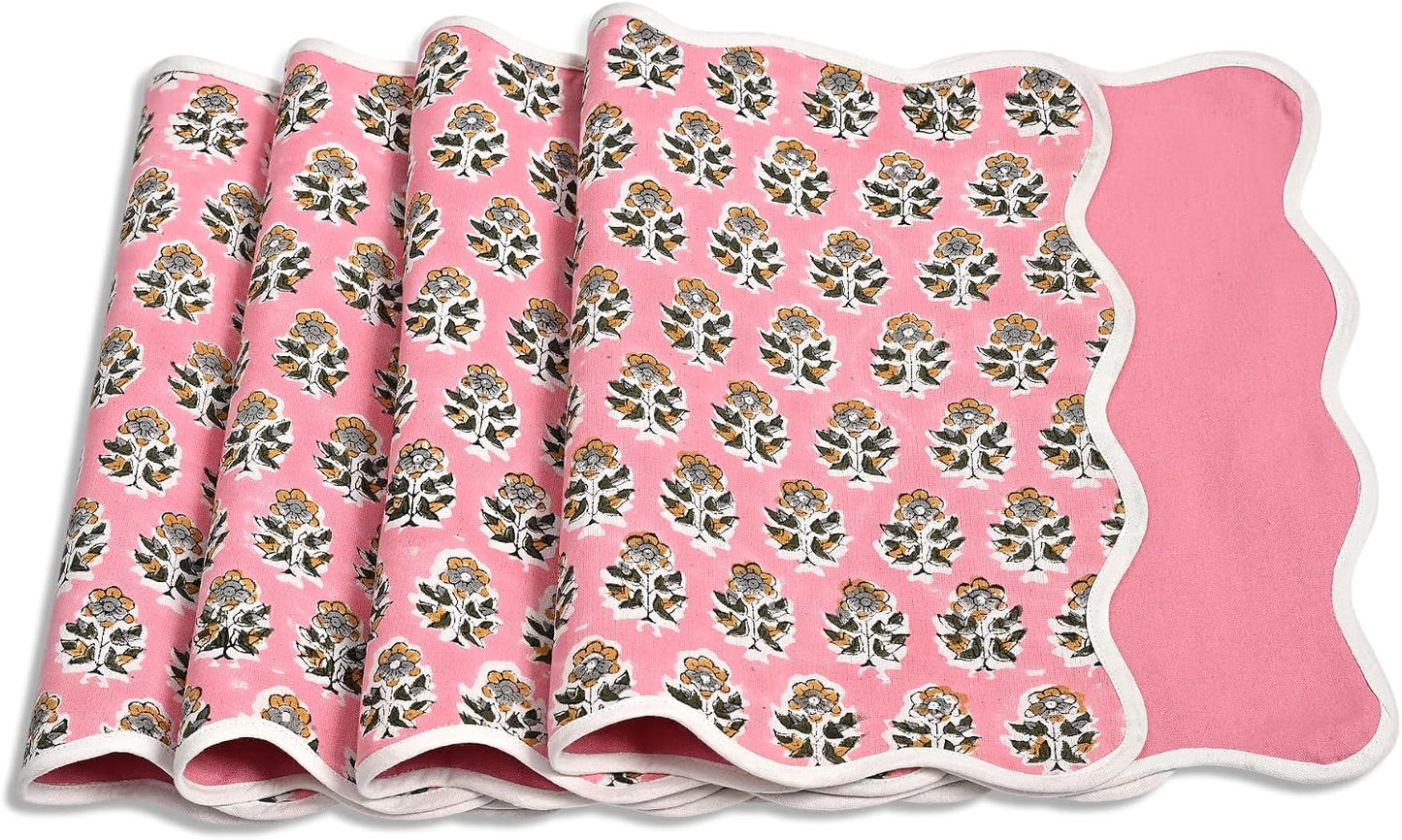 CPC Cotton Placemats Poopy Pink Set of 4-Hand Block Printed Reversible Placemats, Flower Scalloped & Embroidered Cloth Table Mats - 14 x 20 inch Gift for Spring, Mother's Day