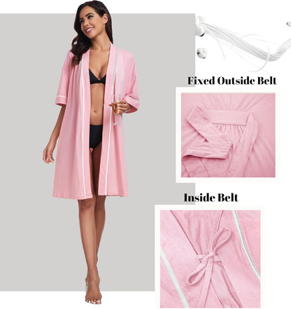 ANLIQI Womens 100% Cotton Robes Lightweight Summer Short Sleeve Lady Bathrobe Knee Length Kimono Robe Sleepwear with Pockets