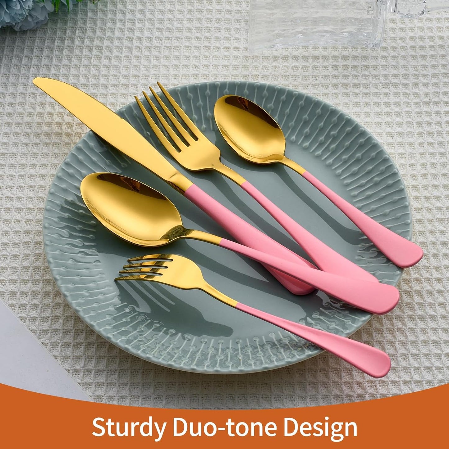20 Piece Gold and Pink 18/0 Flatware Utensil Set for 4, Include Dinner Knife,Dinner Forks,Dinner Spoons,Salad Forks,Teaspoons,Silverware Set for 4, Dishwasher Safe