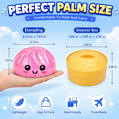 Mystery Sparkly Pink Dumpling Squishies with Steamer Box, Soft Stretchy Bao Bun Stress Relief Balls, Sensory Fidget Squeeze Toys for Anxiety Relief, Decompression Desk Toys