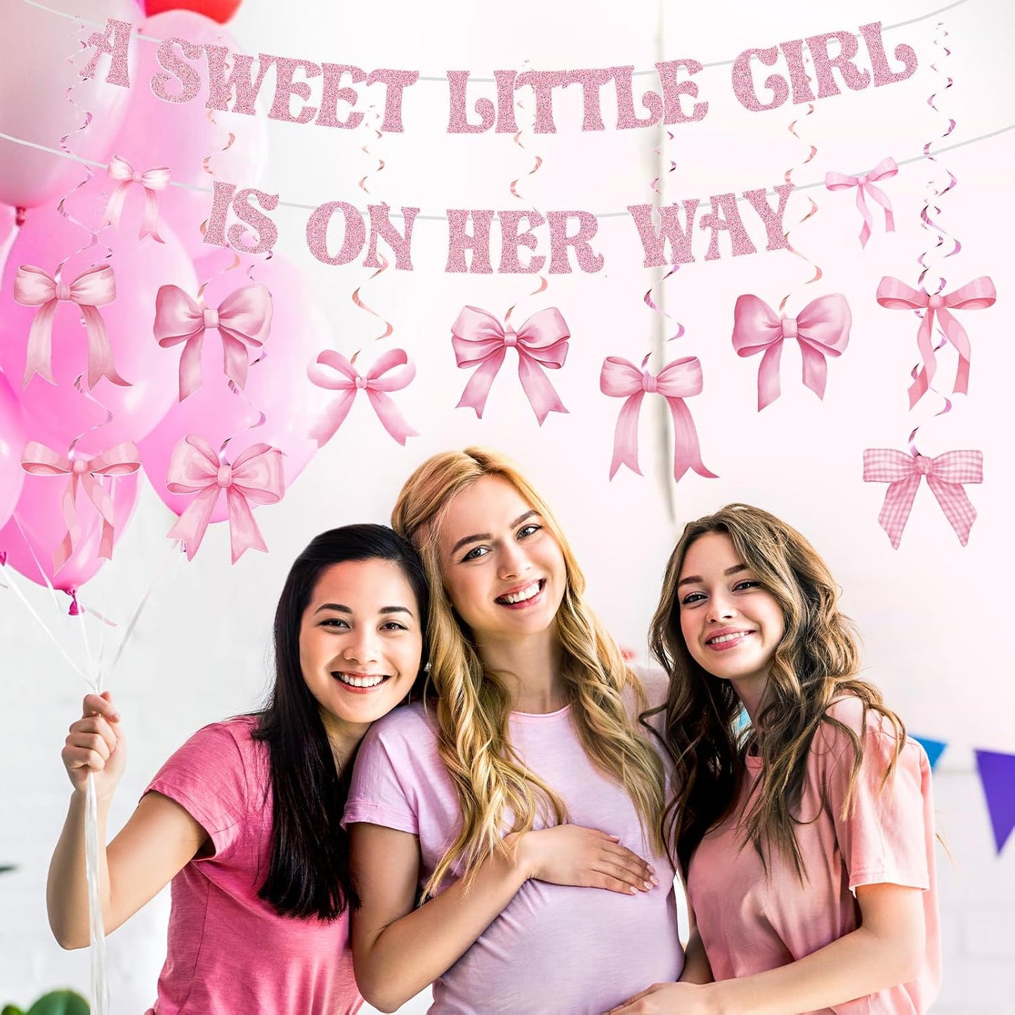 Pasimy Pink Baby Shower Decorations a Sweet Little Girl Is on Her Way Banner Pink Bow Swirls Coquette Baby Shower Decor for Birthday Gender Reveal Photo Props Sign Party Supplies