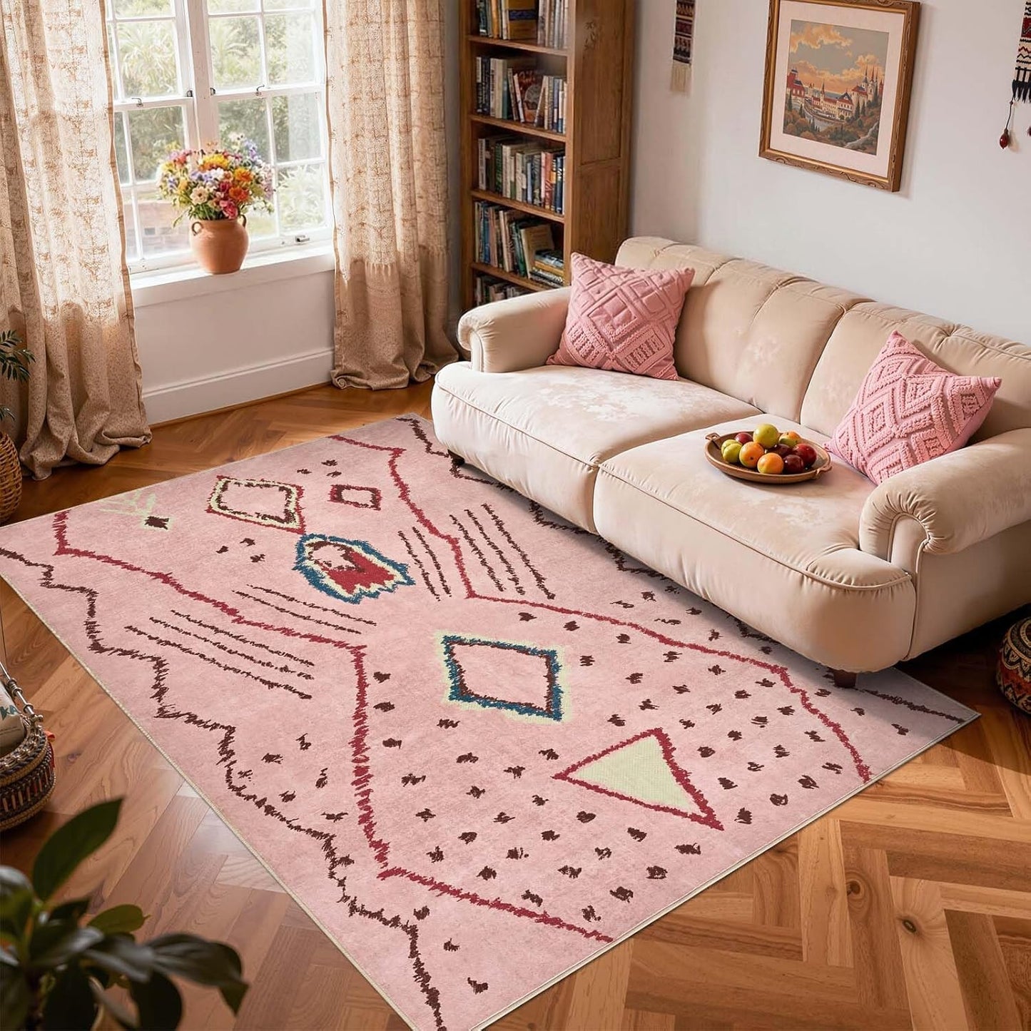 jinchan 5x7 Area Rug Pink Washable Modern Boho Rug Geometric Hot Nerd Floor Rug Soft Low Pile Floor Cover Non Slip Accent Mat Lightweight Cozy Carpet for Living Room Bedroom Dining Room Study Dorm